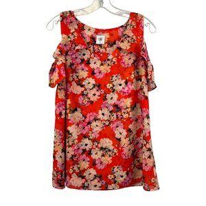 Cabi Cold Shoulder Ruffle Short Sleeve Top Orange/Multi Floral Medium V-Neck